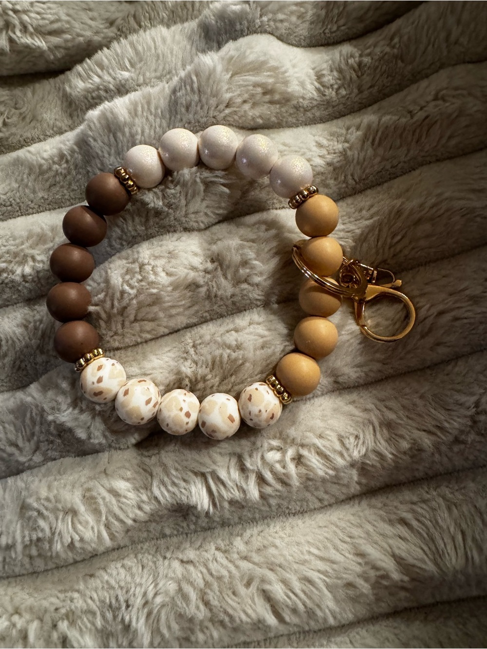 Beaded Wristlet Keychain Bracelet - Neutral Brown, Tan & Cream